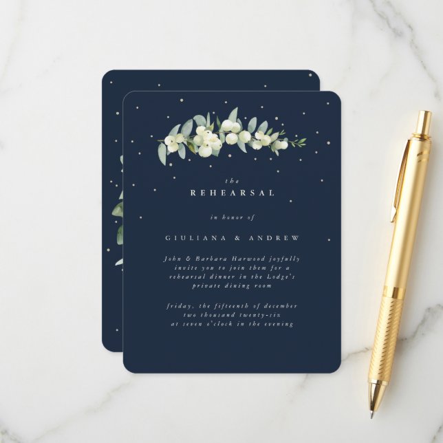 Dark Navy Snowberry+Eucalyptus Wedding Rehearsal Enclosure Card (Front/Back In Situ)