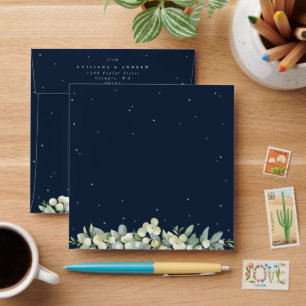 Dark Navy Snowberry+Eucalyptus Wedding Square Envelope