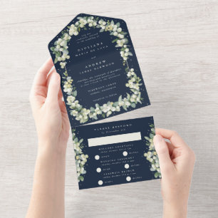 Dark Navy Snowberry+Eucalyptus Winter Wedding All In One Invitation