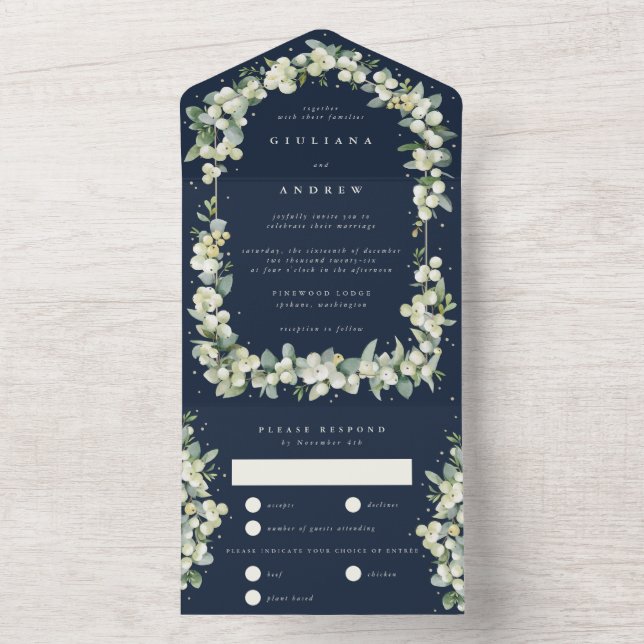 Dark Navy Snowberry+Eucalyptus Winter Wedding All In One Invitation (Inside)