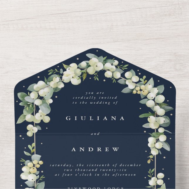 Dark Navy Snowberry+Eucalyptus Winter Wedding All In One Invitation (Inside Top)