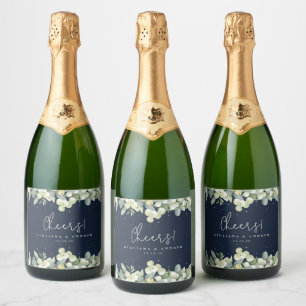 Dark Navy Snowberry+Eucalyptus Winter Wedding Sparkling Wine Label