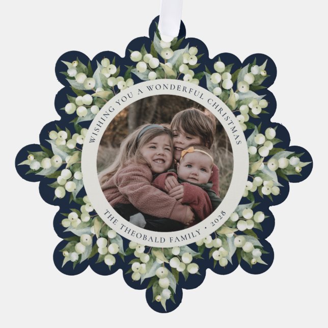 Dark Navy Snowberry+Greenery Christmas Paper Ornament Card (Front)
