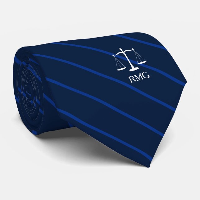 Dark Navy Striped Custom Initials Lawyer Tie (Rolled)