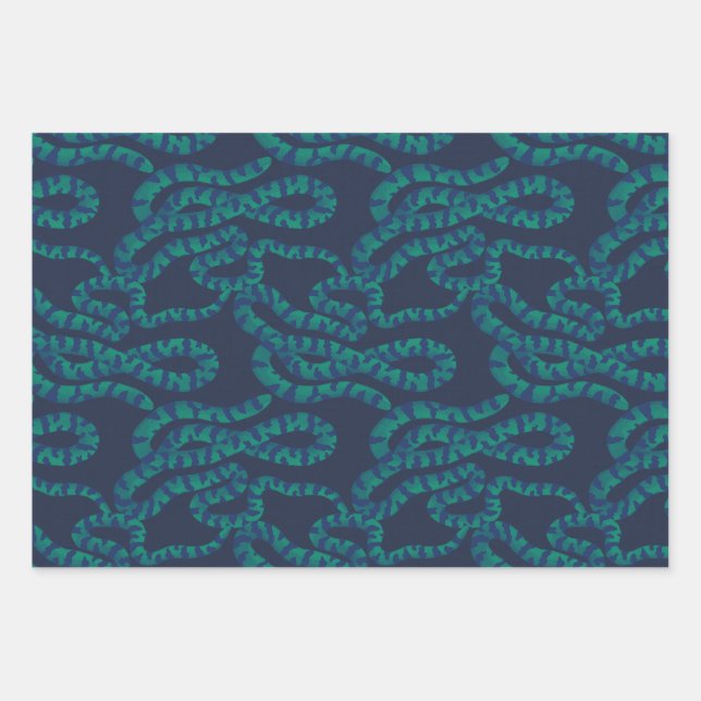 Dark Navy & Turquoise Green Snake Wrapping Paper Sheet (Front)
