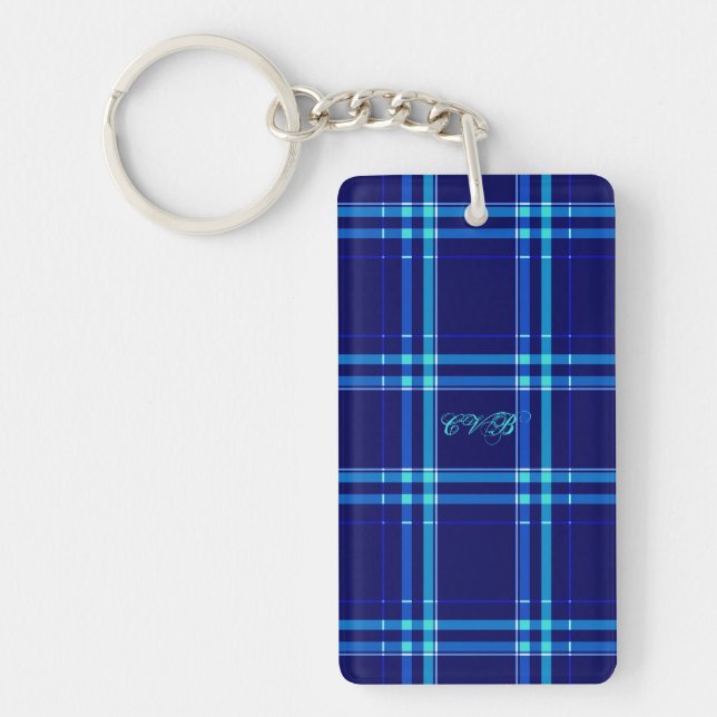 Dark Navy & Turquoise Plaid Keychain (Front)