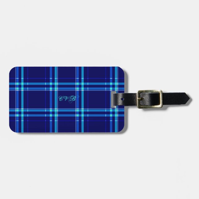 Dark Navy & Turquoise Plaid Luggage Tag (Front Horizontal)