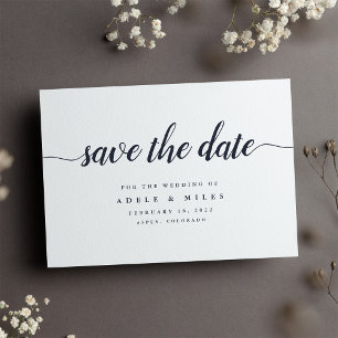 Dark Navy & White Calligraphy Save the Date Card