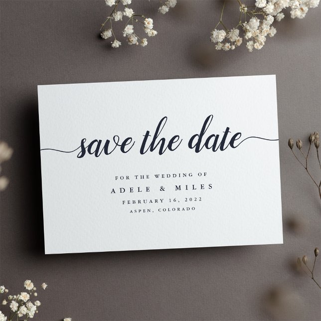 Dark Navy & White Calligraphy Save the Date Card (Creator Uploaded)