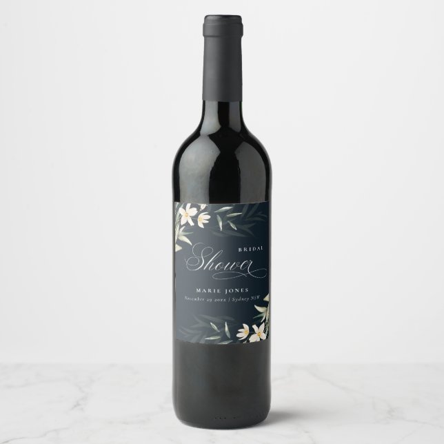 Dark Navy White Greenery Floral Bridal Shower Wine Label (Front)