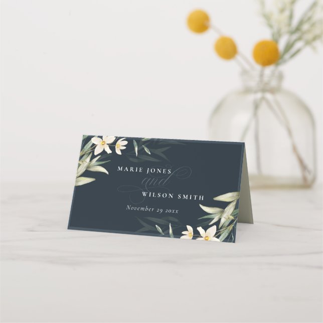 Dark Navy White Greenery Floral Bunch Wedding Place Card (Front)