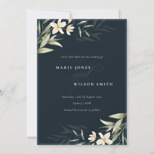 Dark Navy White Greenery Floral Save the Date Card