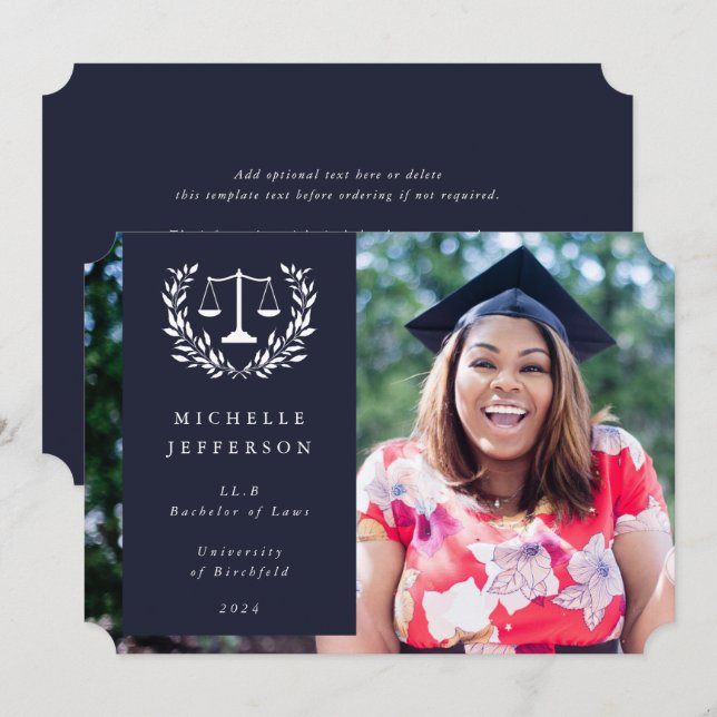 Dark Navy + White Law Scales Laurel Wreath Photo Announcement (Front/Back)