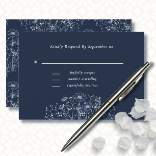 Dark Navy White Light Blue Wildflower Wedding RSVP