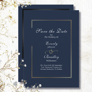Dark Navy White Script Gold Border Save the Date Invitation