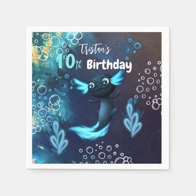 Dark Neon Axolotl Birthday Party Napkin (Front)
