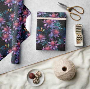 Dark Neon Tropical Purple Floral Pattern Wrapping Paper