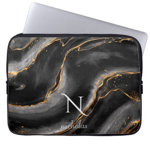 Dark Night Gold Glitter Marble Customizable Laptop Sleeve