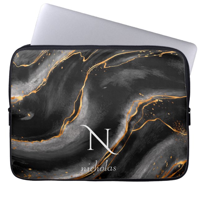 Dark Night Gold Glitter Marble Customizable Laptop Sleeve (Front)