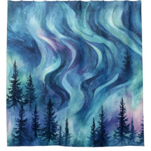 Dark Night Pine Trees Vibrant Aurora Glow