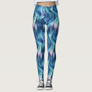 Dark Night Pine Trees Vibrant Aurora Glow Leggings