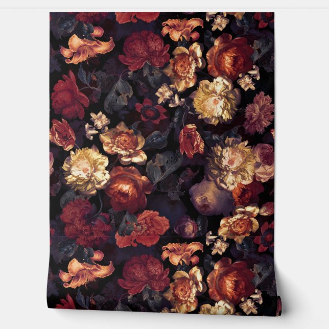 Dark Night Romanticism:  Maximalism Moody Florals Wallpaper (Unrolling)