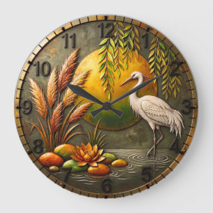Dark Number Golden Zen Heron & Lotus Round Acrylic Large Clock