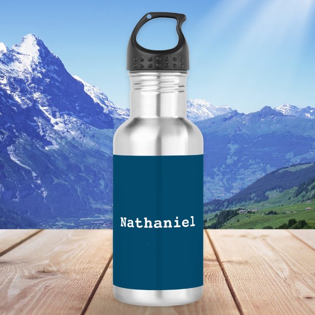 Dark Ocean Blue Minimal Simple Personalized Name 532 Ml Water Bottle (A metal water bottle with personalized name in white on teal)