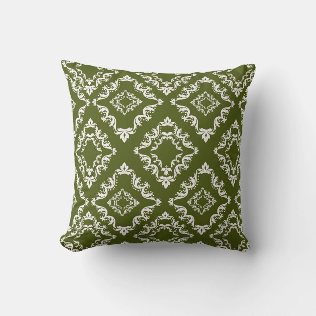 dark olive green and white diamond damask throw pillow (Front)