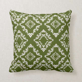 dark olive green and white diamond damask throw pillow
