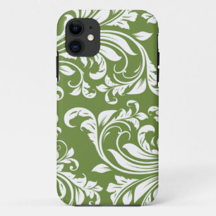 Dark Olive Green and white floral damask iPhone 11 Case