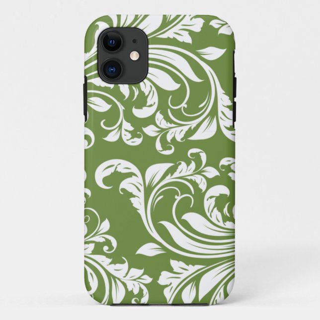 Dark Olive Green and white floral damask Case-Mate iPhone Case (Back)