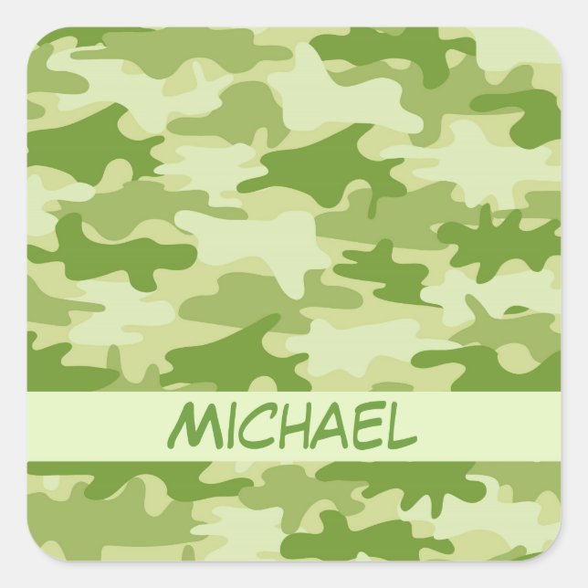 Dark Olive Green Camo Camouflage Name Personalized Square Sticker (Front)