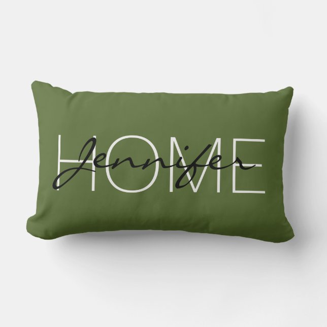 Dark olive green colour home monogram lumbar pillow (Front)