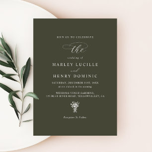 Dark Olive Green Formal Modern Typography Wedding Invitation