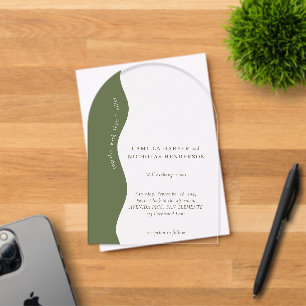 Dark Olive Green Modern Wavy Retro Wedding Acrylic Invitations