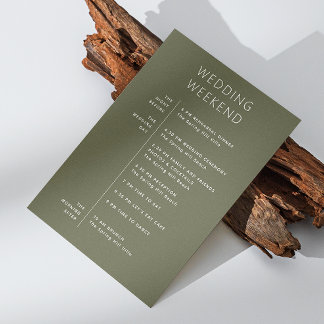 Dark Olive Green Wedding Welcome. Weekend Timeline Invitation