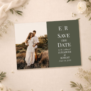 Dark Olive Monogram Photo Save the Date Card