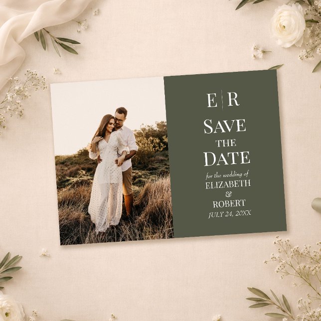 Dark Olive Monogram Photo Save the Date Card (Dark Olive Monogram Photo Save the Date Card on a wedding table with white flowers)