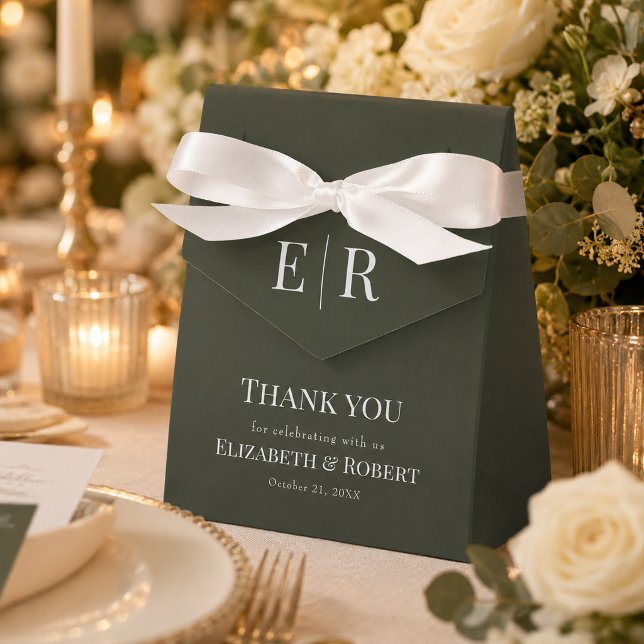 Dark Olive Monogram Wedding Favour Box (Dark Olive Monogram Wedding Favor Box on an elegant wedding dinner table)