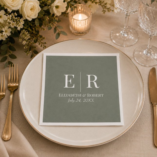 Dark Olive Monogram Wedding Napkin (Dark Olive Monogram Wedding Napkin on an elegant wedding table with white flowers)