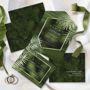 Dark Olive Oasis Abstract Foil Palm Pattern ID1324 All In One Invitation