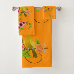 DarK Orange -  Bird & Yellow Rose Bath Towel Set