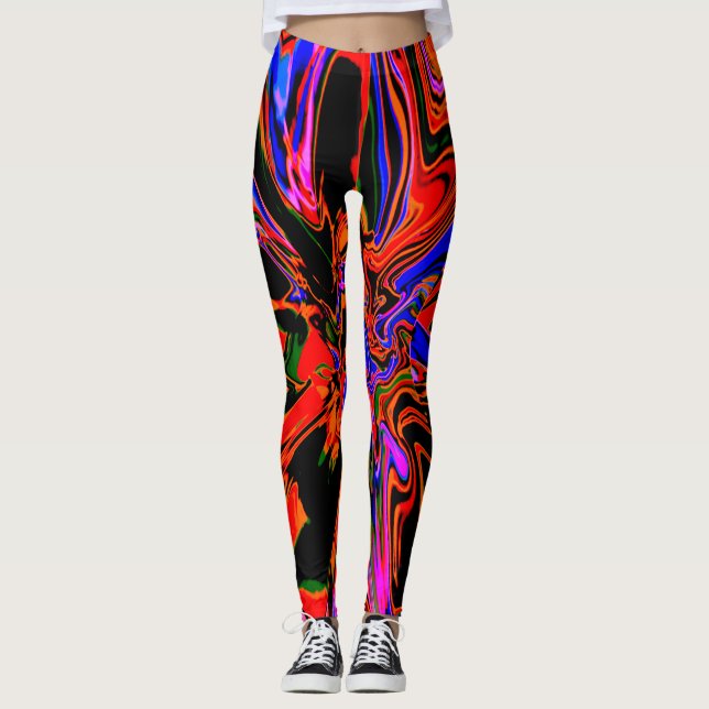 Dark Orange Blue Black Psychedelic Flower Design Leggings (Front)
