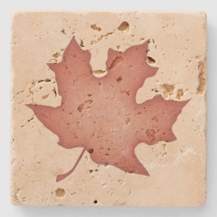 Dark Orange Leaf on Cream Stone Coaster