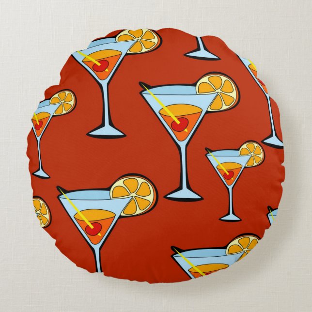 Dark Orange Martini Cocktail Pattern Round Pillow (Front)