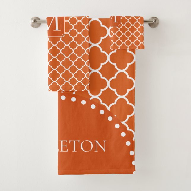 Dark Orange Quatrefoil - Monogram Bath Towel Set (Insitu)