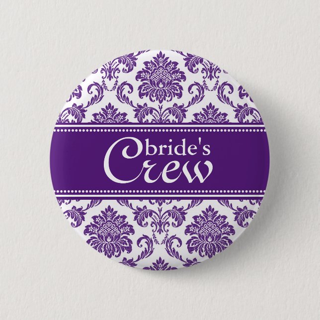 Dark Orchid Damask Bride's Crew Button (Front)