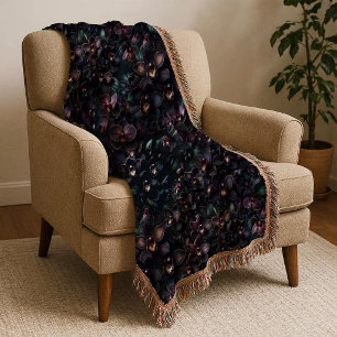 Dark Orchid Maximalist Gothic Floral Throw Blanket