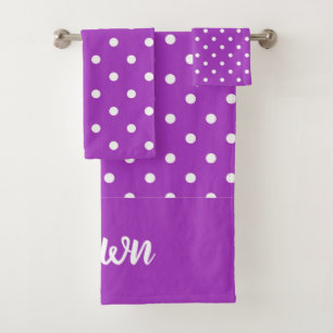 Dark Orchid Polka Dots Personalized Bath Towel Set